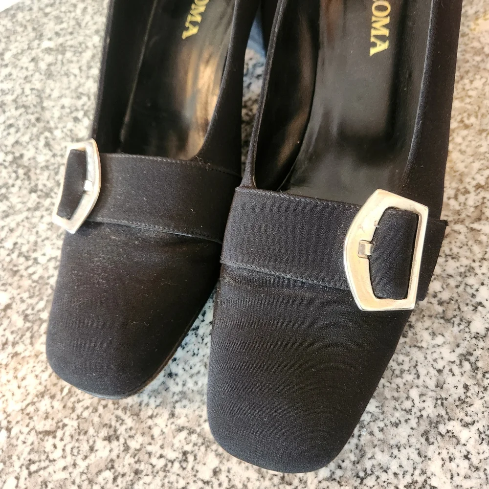 Paloma Made in Italy Black Leather Satin Fabric Heels Dark Academia Size 10.5AA